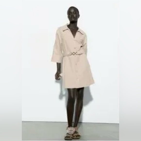 NWT Zara LINEN Blend CHAIN LINK Belt Shirt Dress Khaki/Beige Medium 3/4 Sleeves - Picture 6 of 9